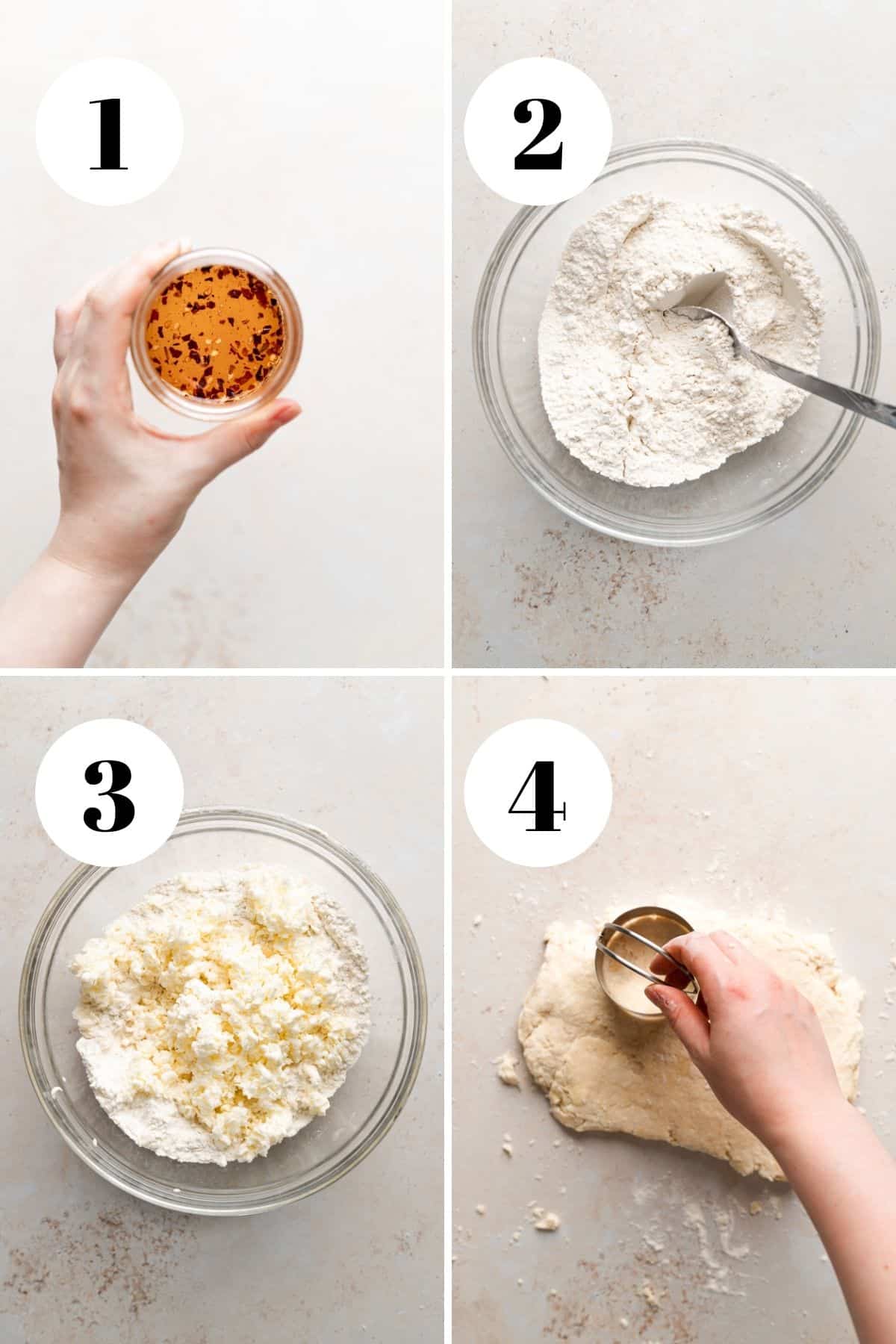 a collage with the steps for making the hot honey butter biscuits.