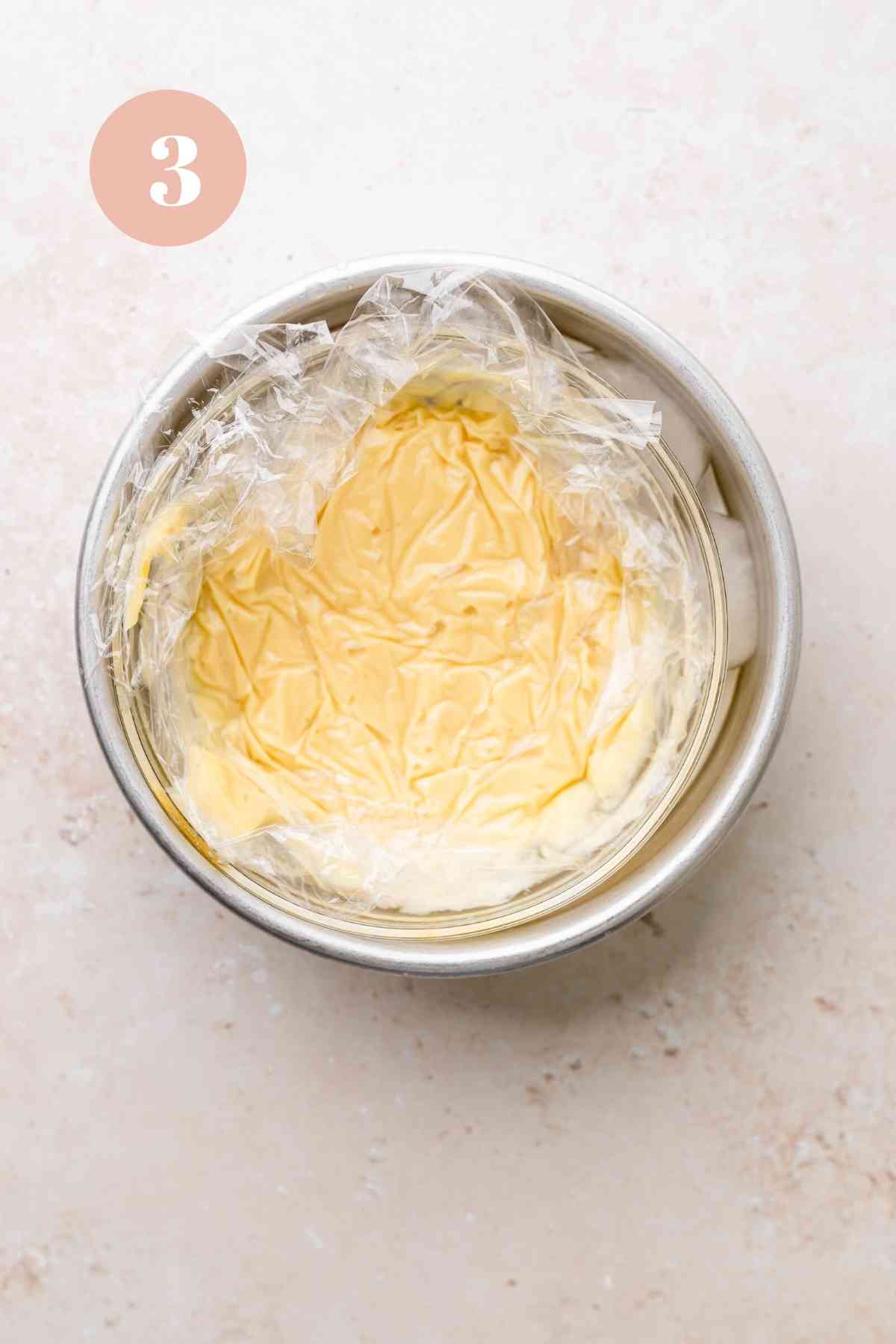 the vanilla custard cooling in an ice bath for the banana macarons.