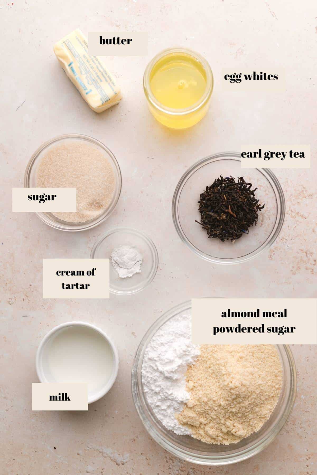 earl grey tea macaron recipe ingredients in bowls.