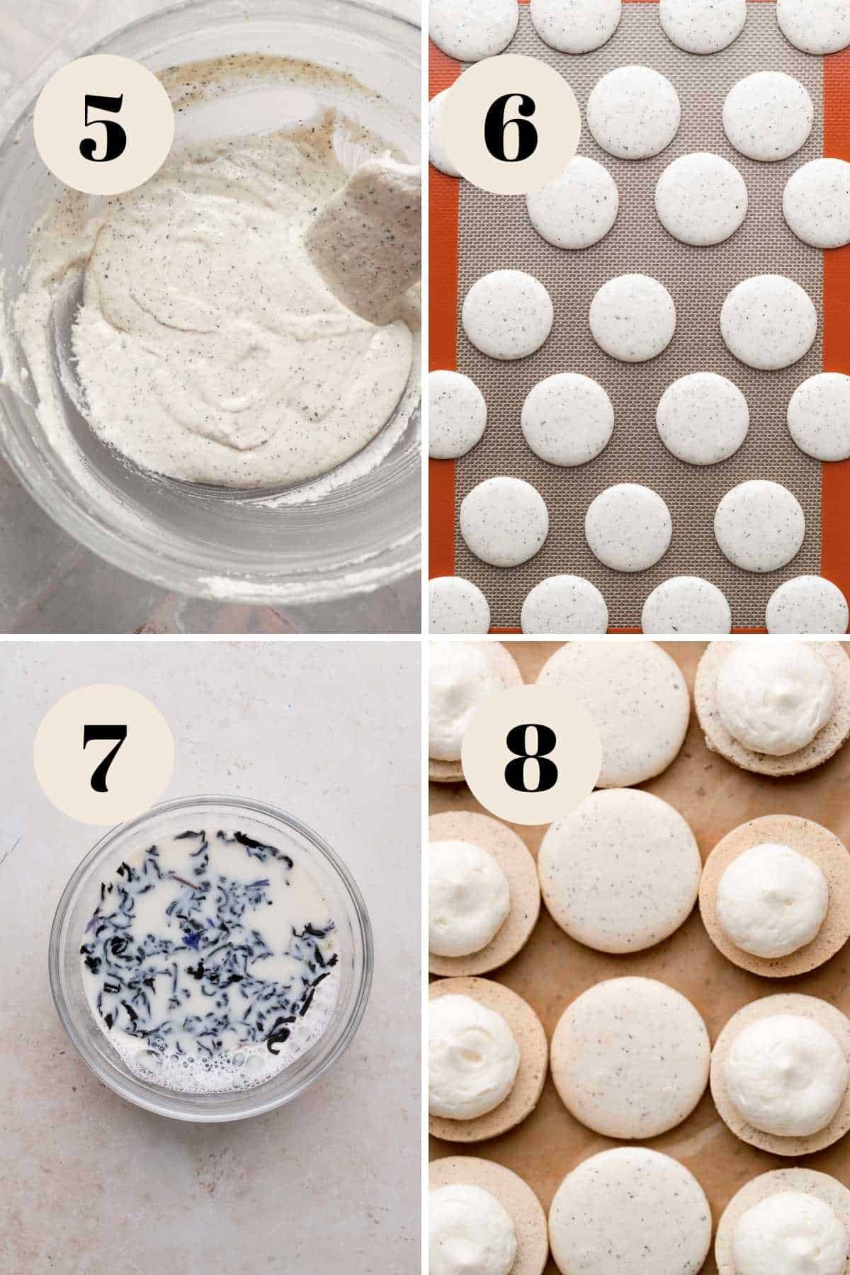 a collage of the methods for making earl grey macarons.