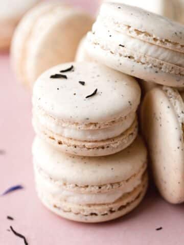 earl grey macarons stacked on each other.