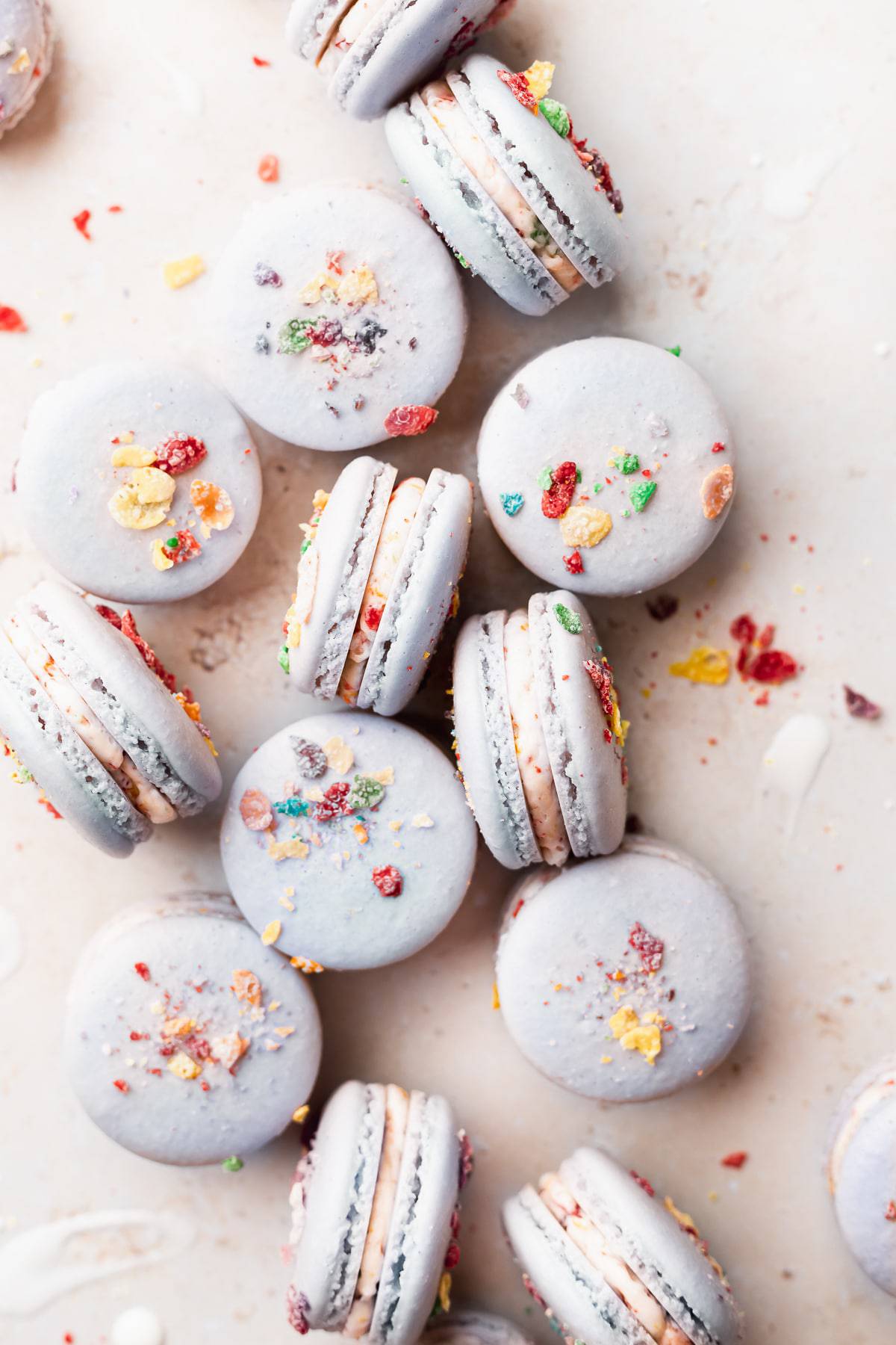 overhead shot of the macarons on their sides surrounded by cereal