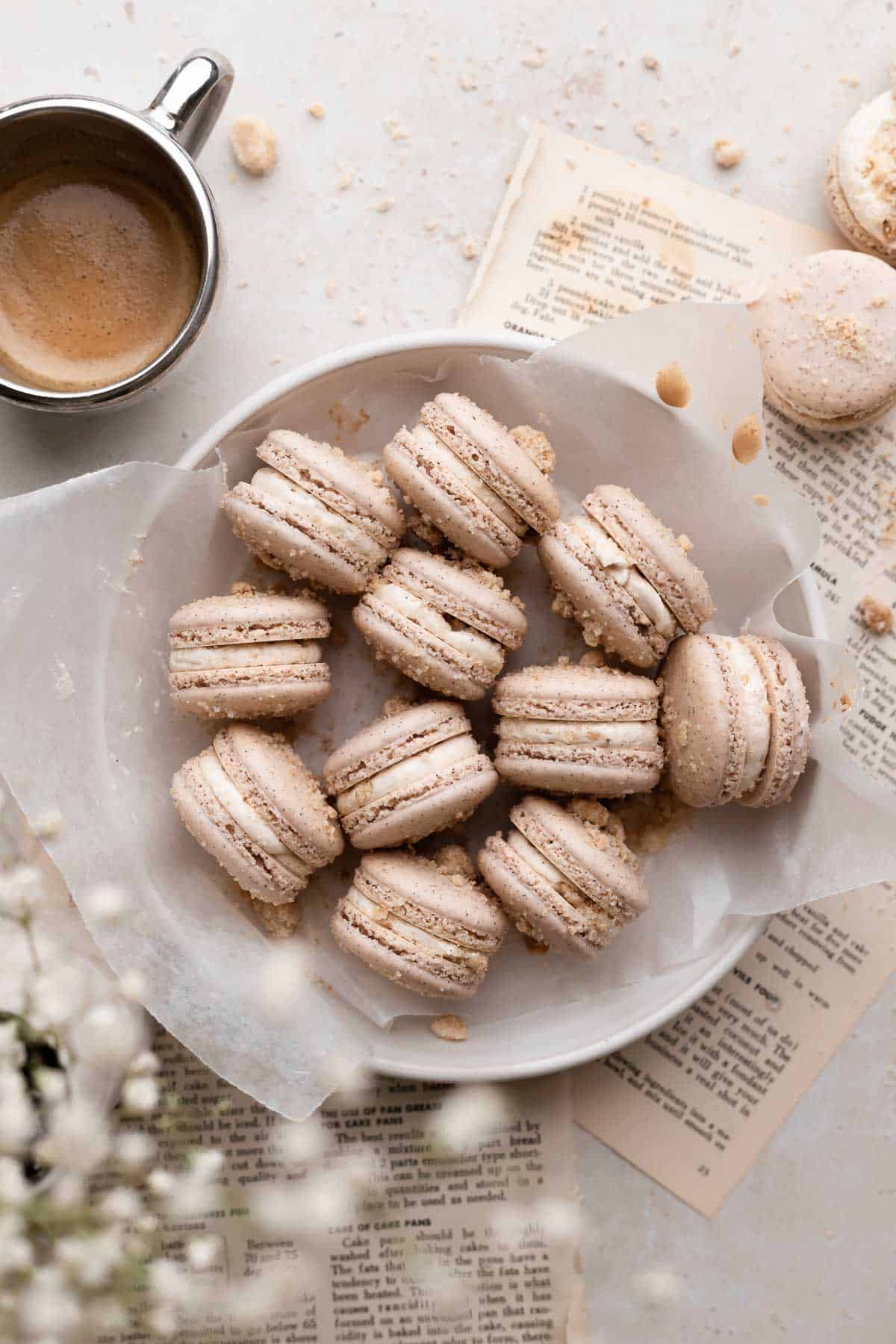 coffee macarons in a bowl.
