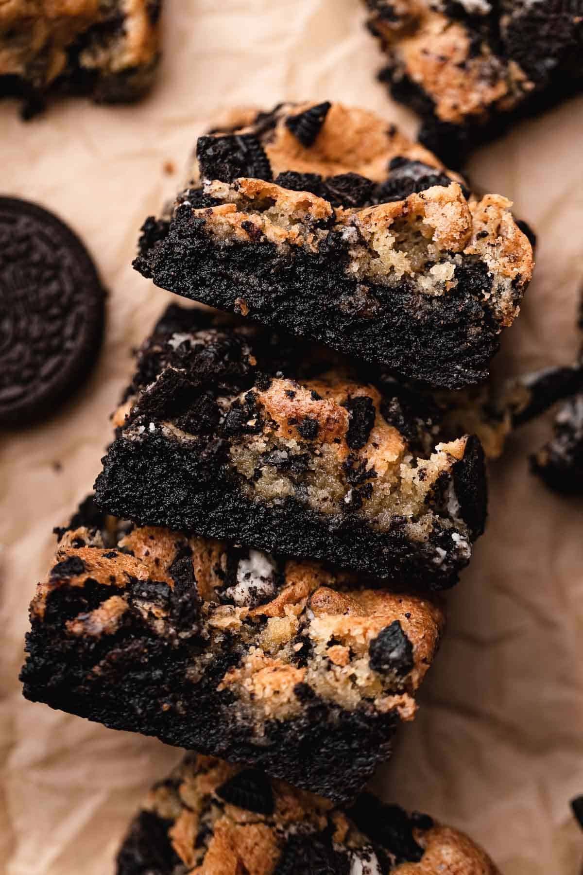 three oreo brookies stacked on top of each other.