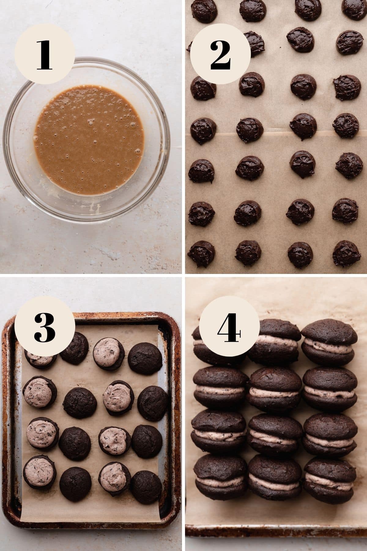 oreo whoopie pie recipe steps in a collage.