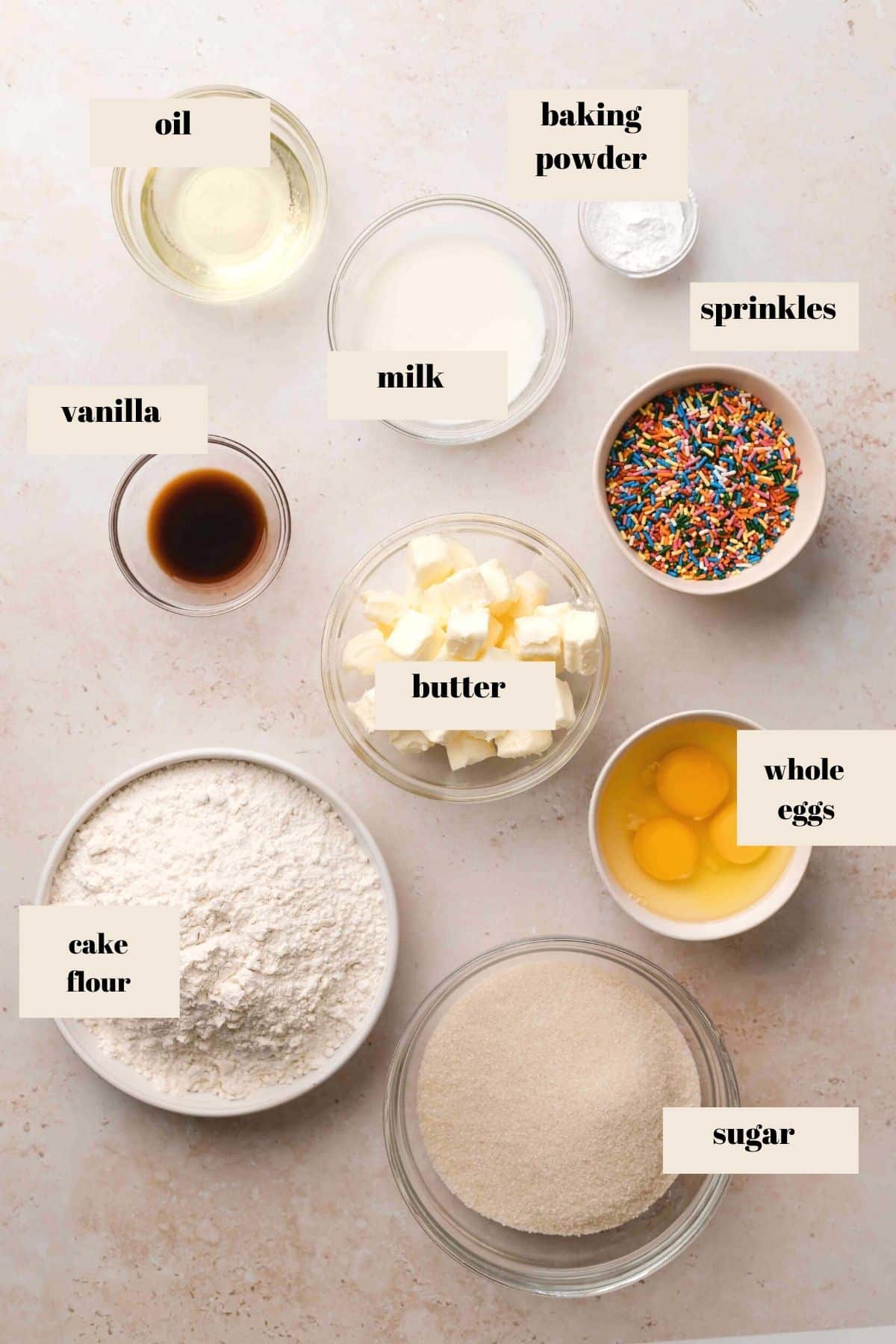 the ingredients needed to make the 8 inch cake recipe.