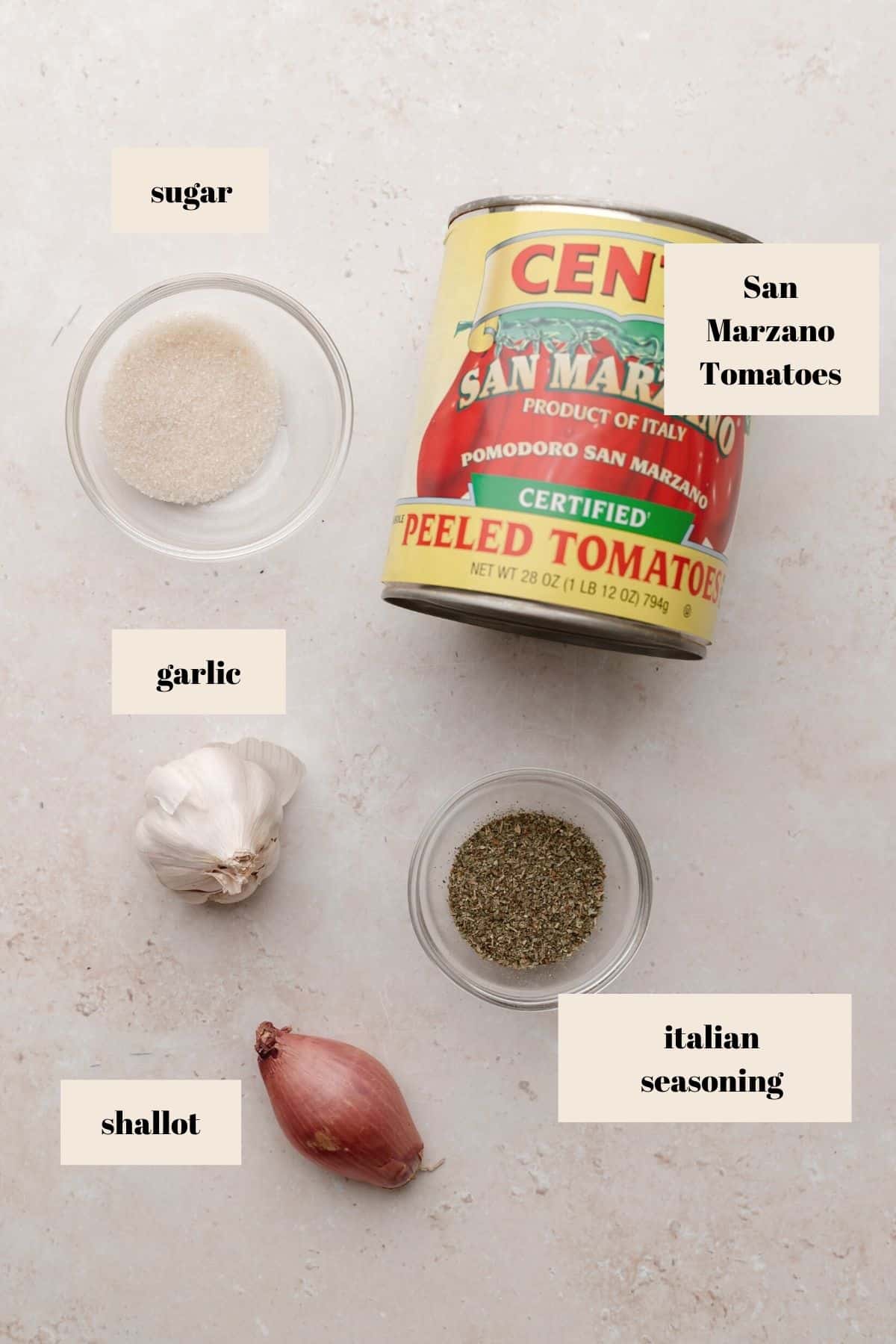 ingredients for the homemade san marzano pizza sauce.