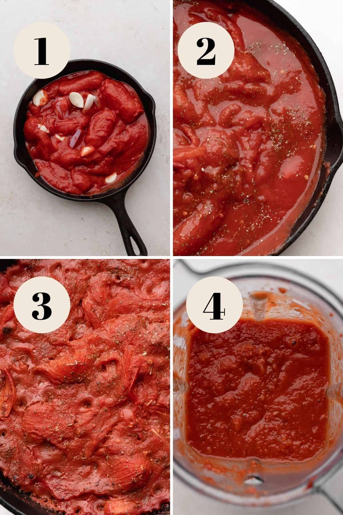 a collage of the steps for making san marzano pizza sauce.