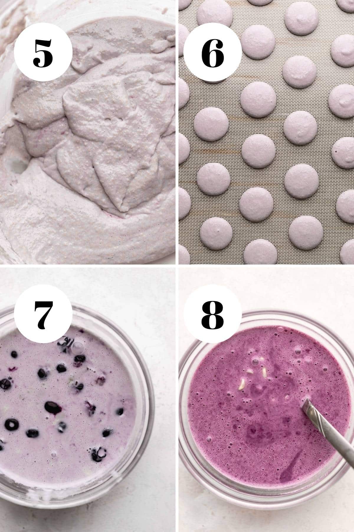 a collage of the steps for making blueberry macarons.