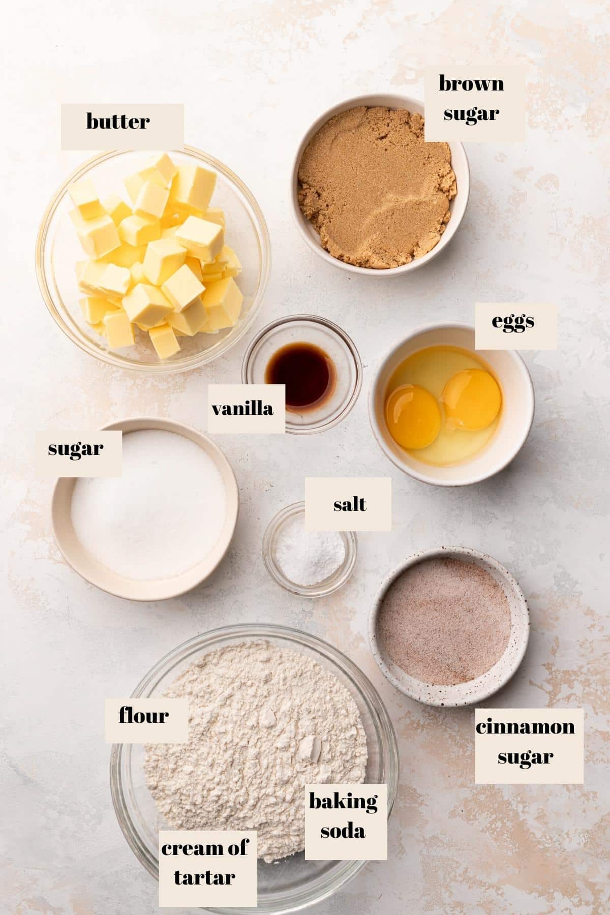 ingredients needed to make the snickerdoodle cookies.