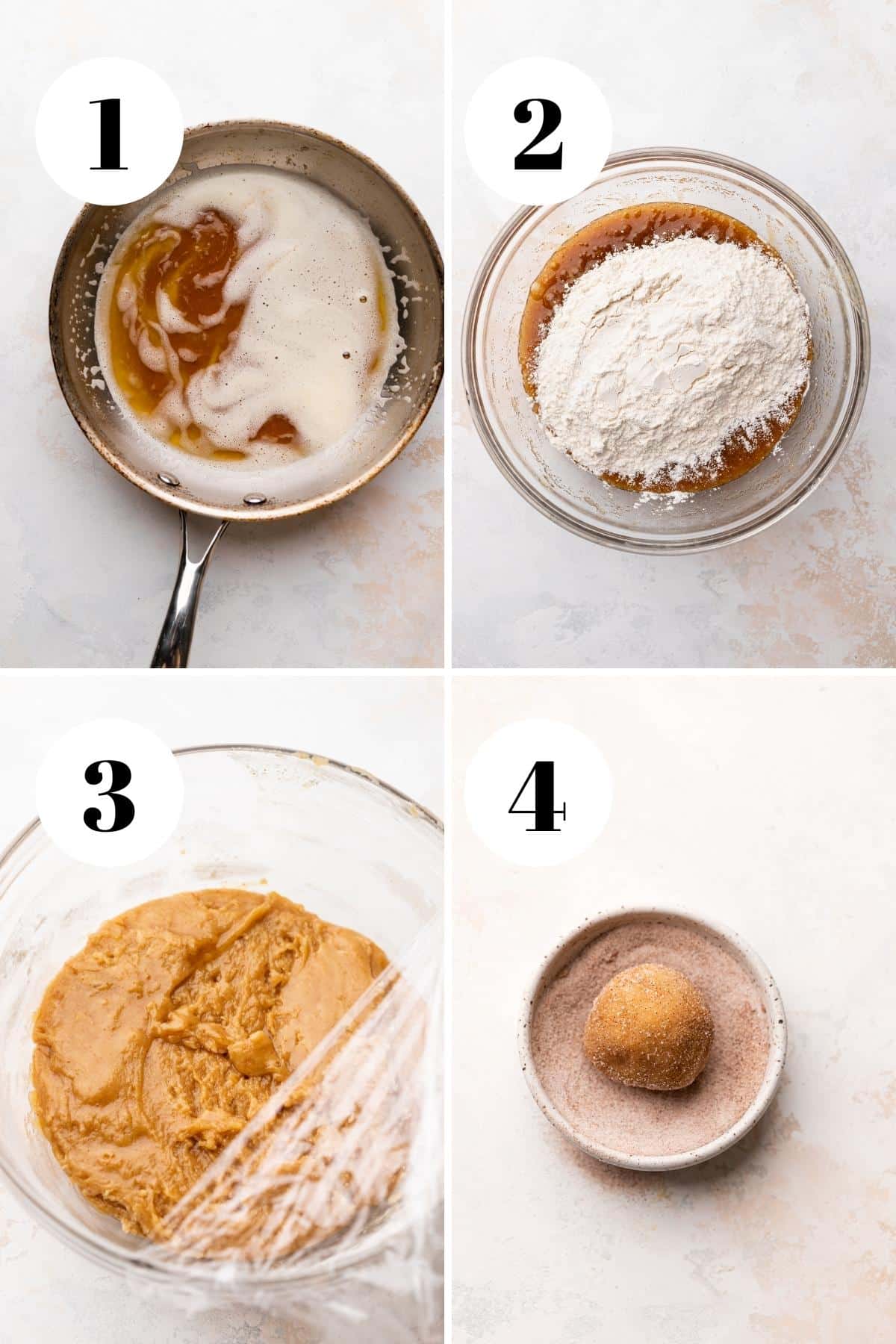 a collage of the methods for making brown butter snickerdoodles.