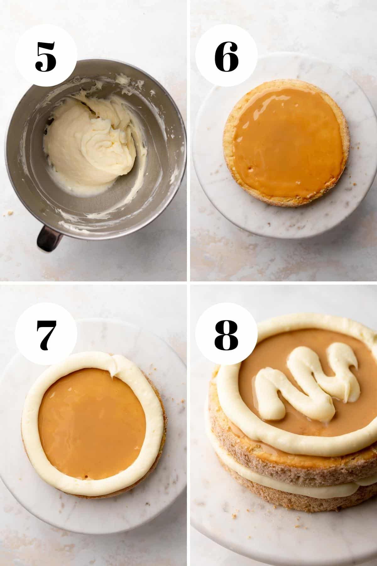 a collage of the steps for how to make a churro cake.