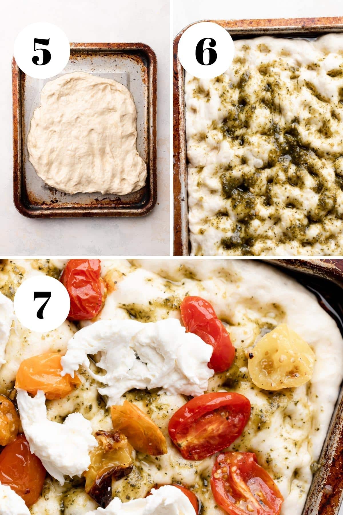 a collage of the steps for how to make focaccia pizza.