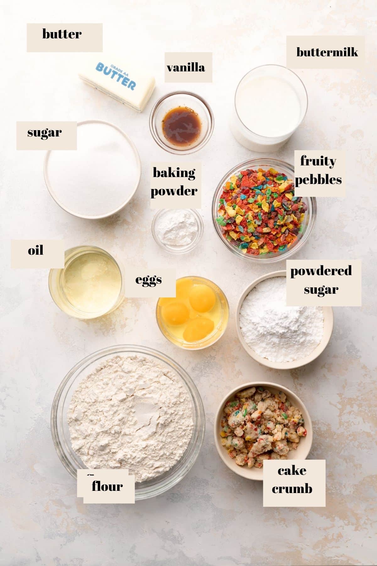 the ingredients needed to make the fruity pebble cake.