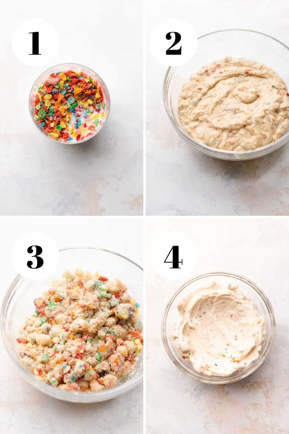 a collage of the steps for making the fruity pebble batter.