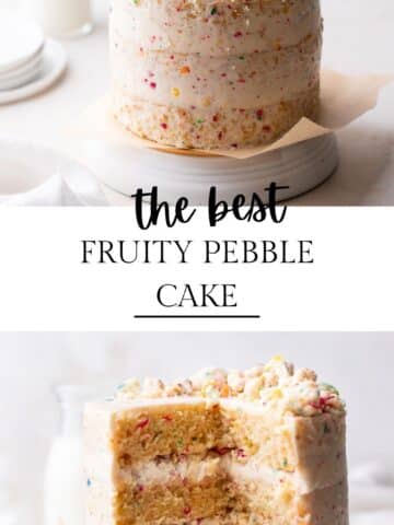 fruity pebble cake on a cake stand.