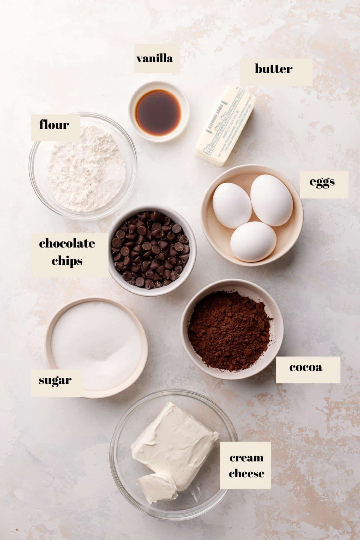ingredients for the marble brownies in bowls.