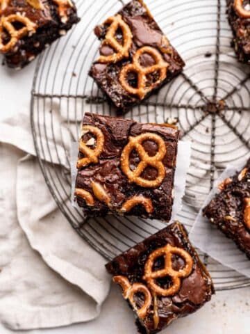 salted caramel pretzel brownies on a wire rack.