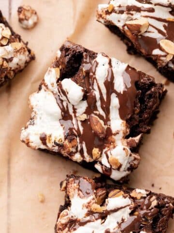 rocky road brownies on a piece of parchment paper.