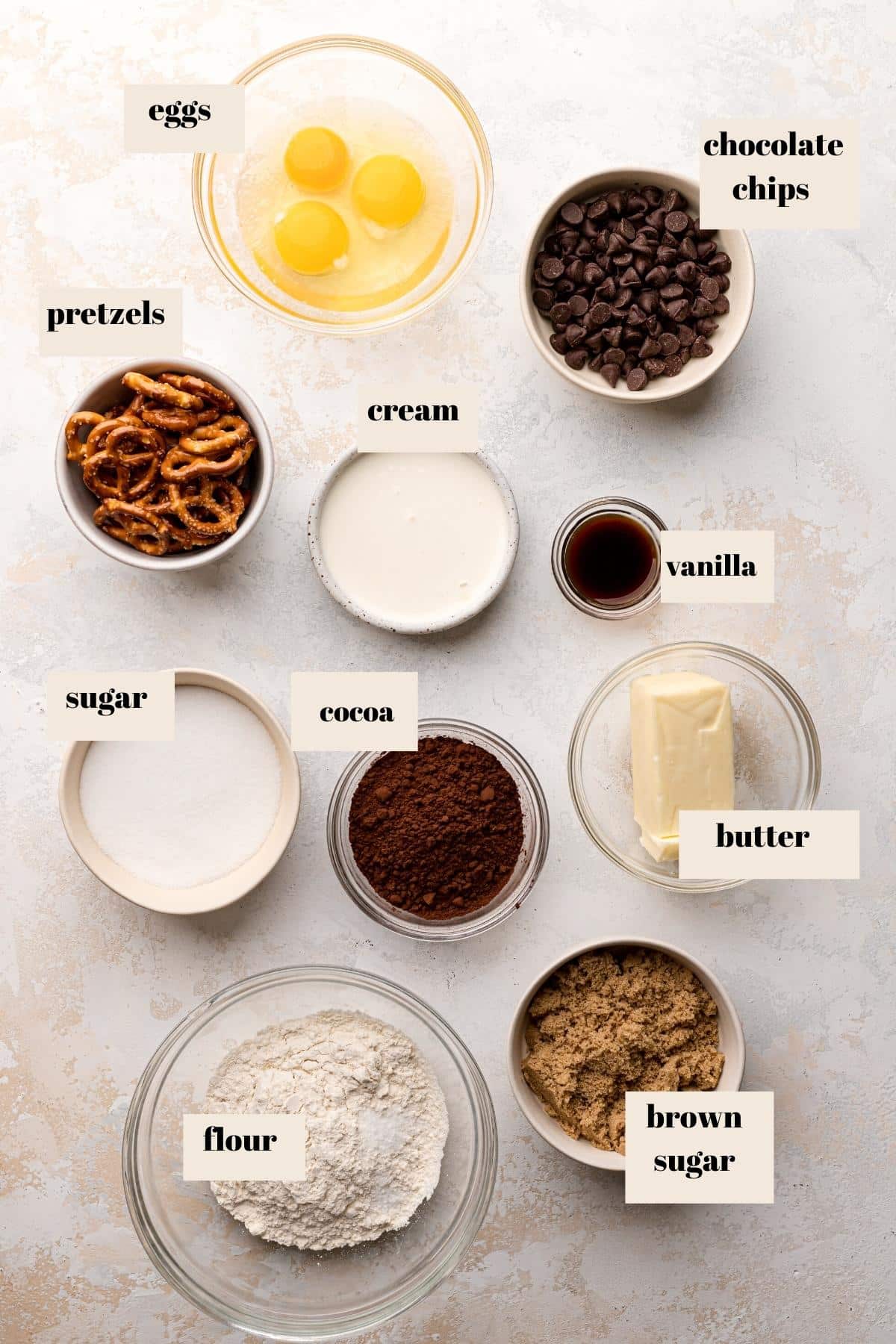 ingredients needed for the pretzel brownies.