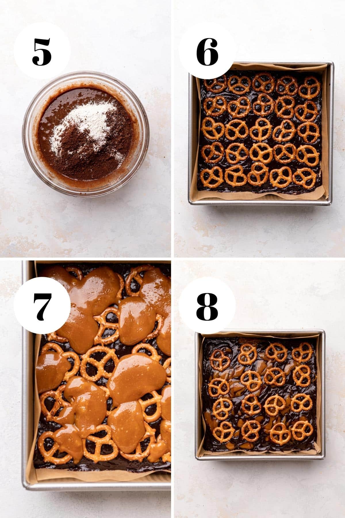 a collage of the methods for making the salted caramel pretzel brownies.