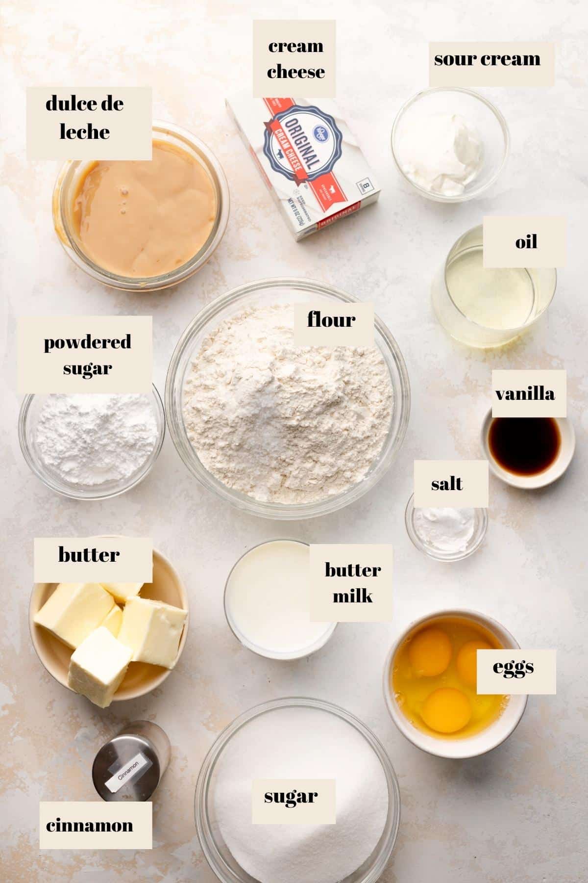ingredients needed to make the cake.