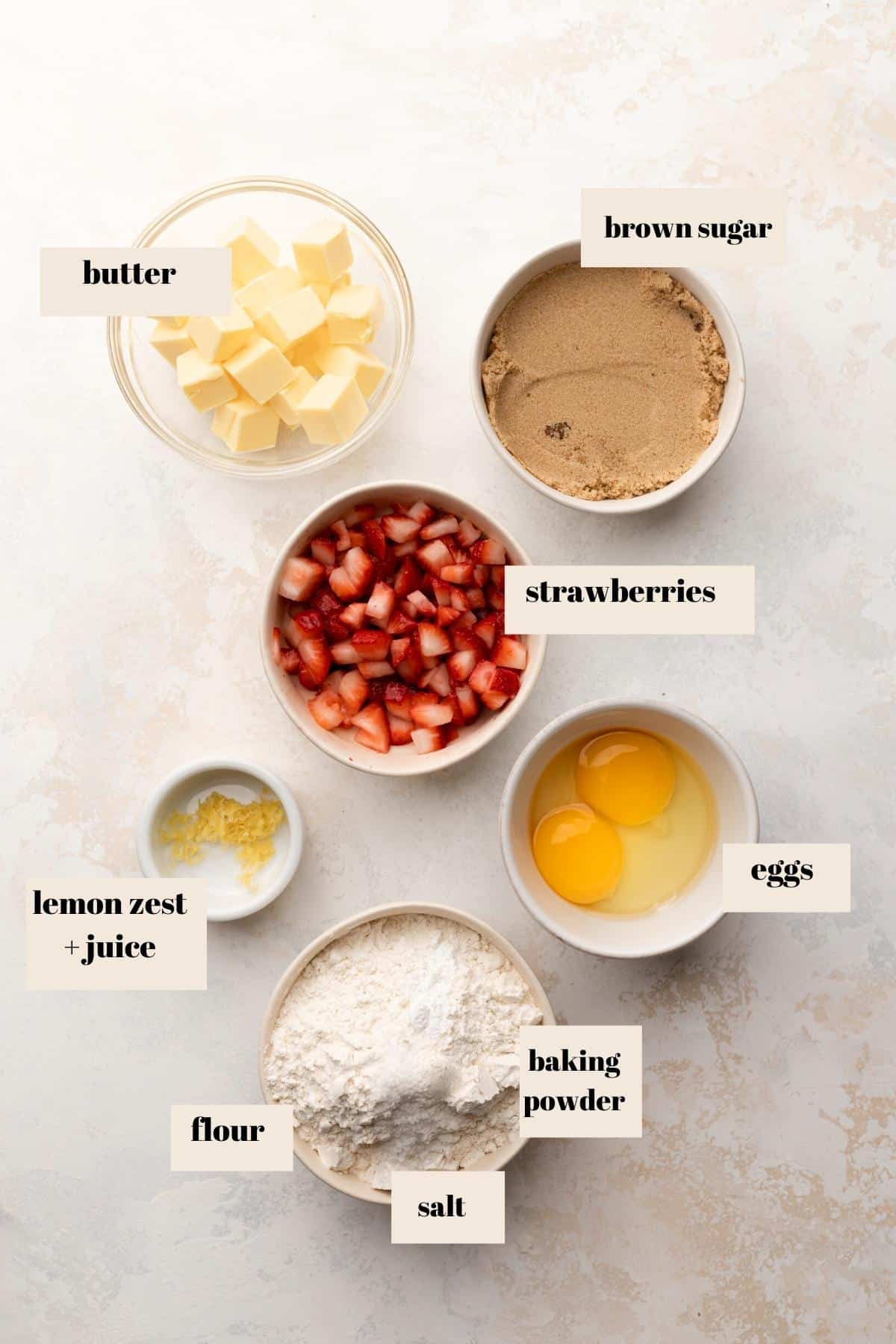 the ingredients needed to make the strawberry lemon blondies.