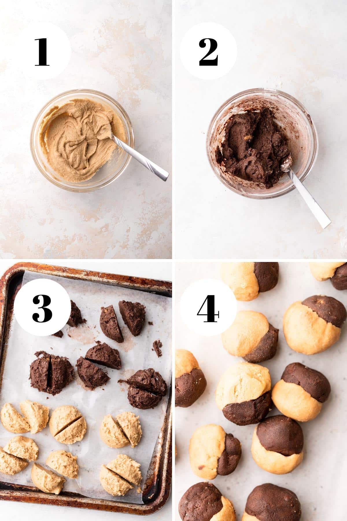 a collage of the methods for making chocolate peanut butter marbled cookies.