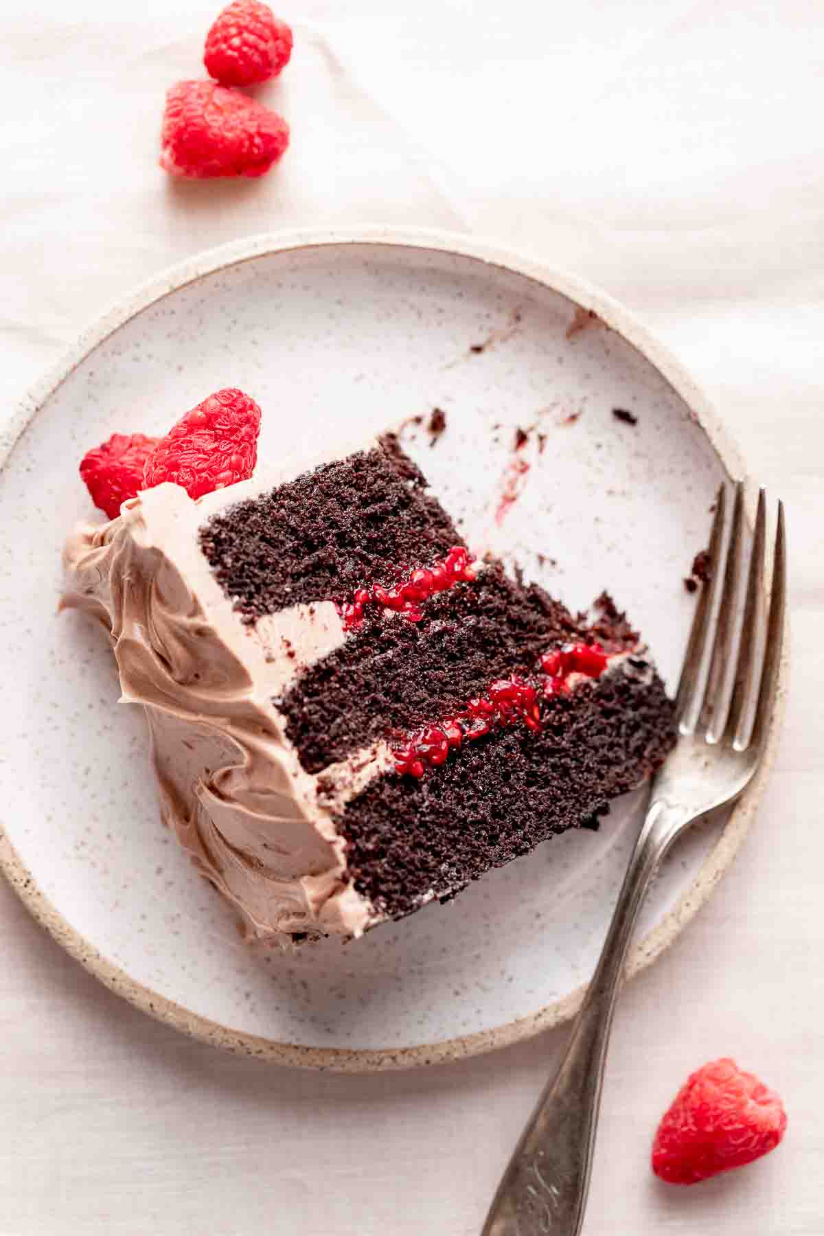chocolate cake with raspberry filling slice on a plate.