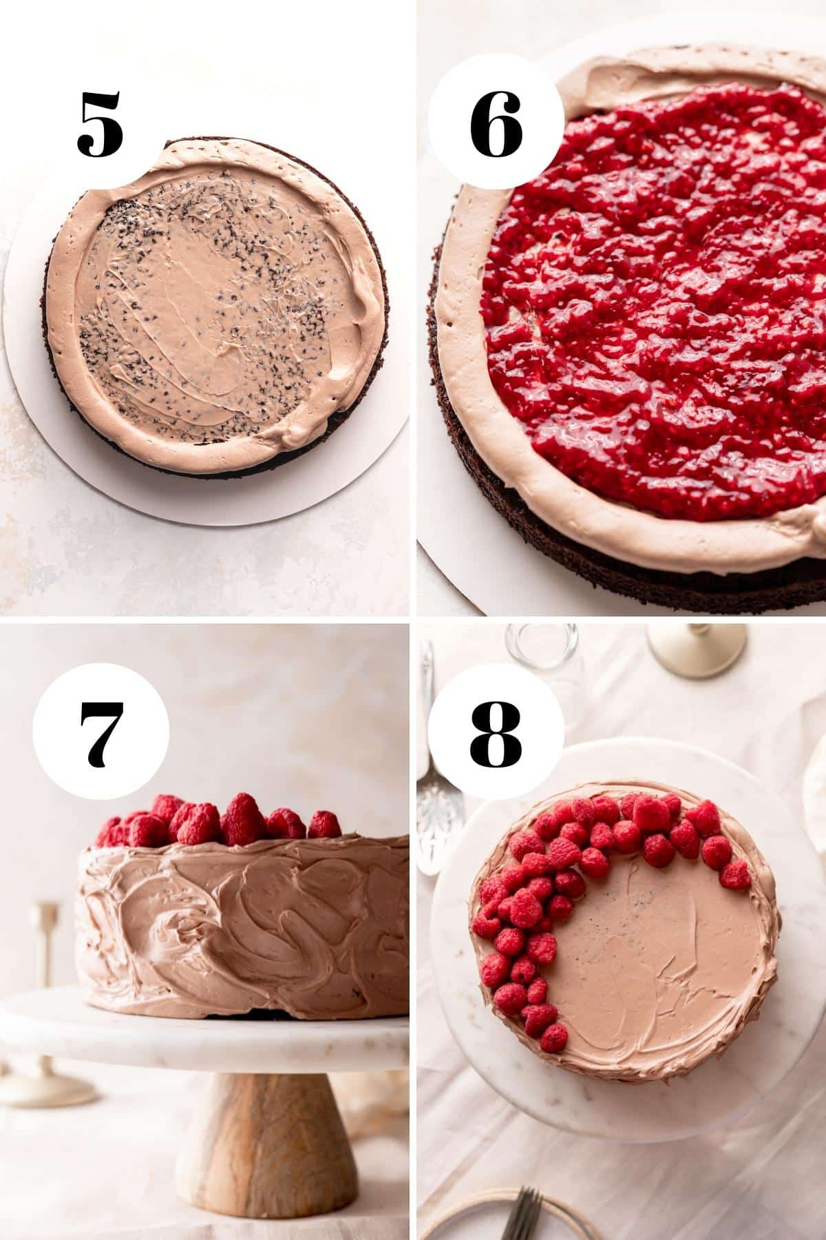a process collage of the steps for making chocolate raspberry cake.