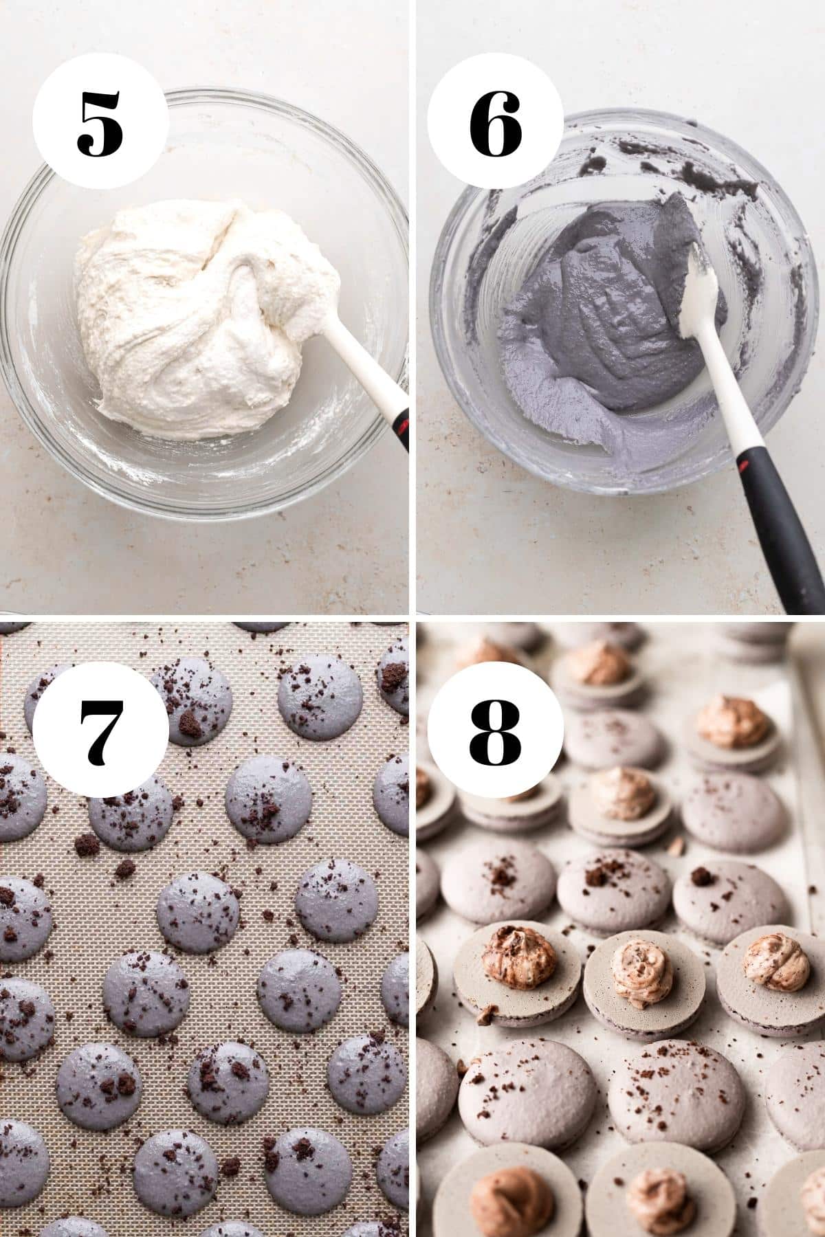 a process collage of the steps for making oreo macarons.