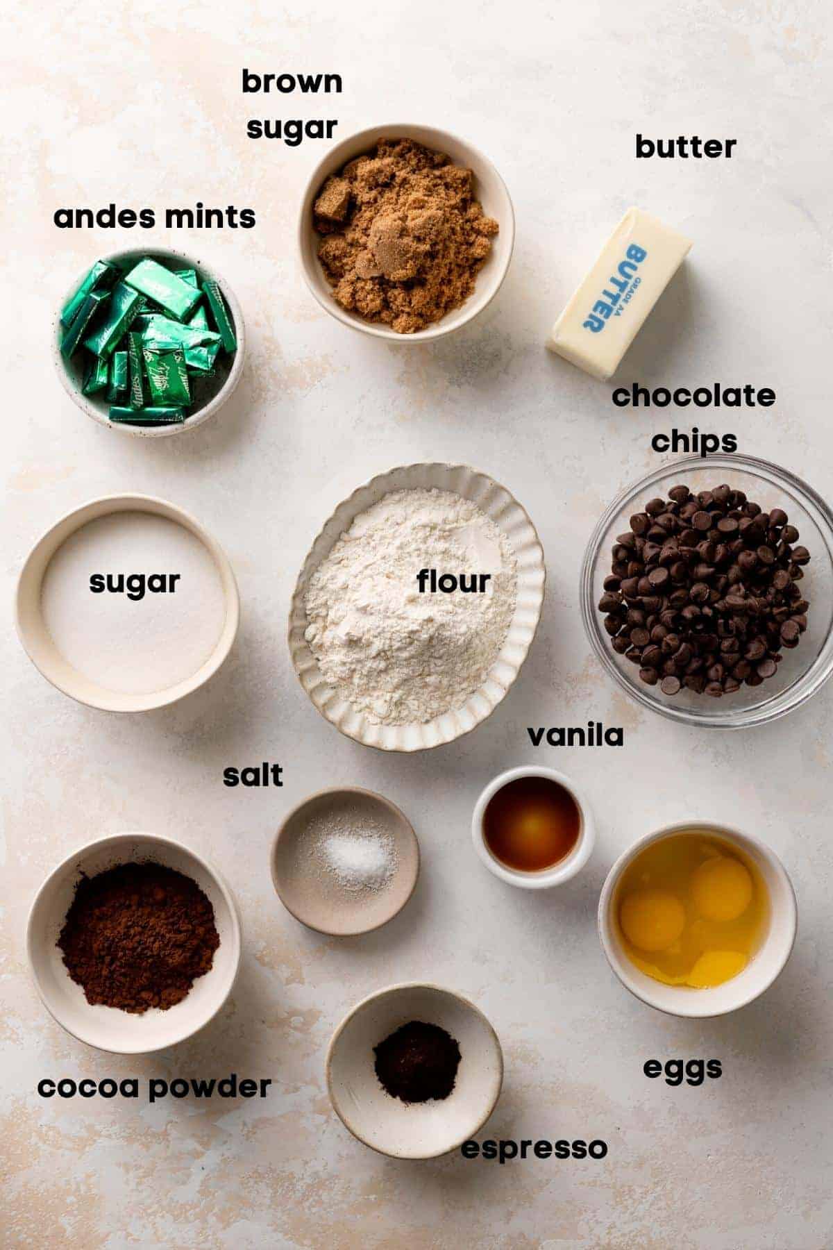 ingredients needed to make andes mint brownies.