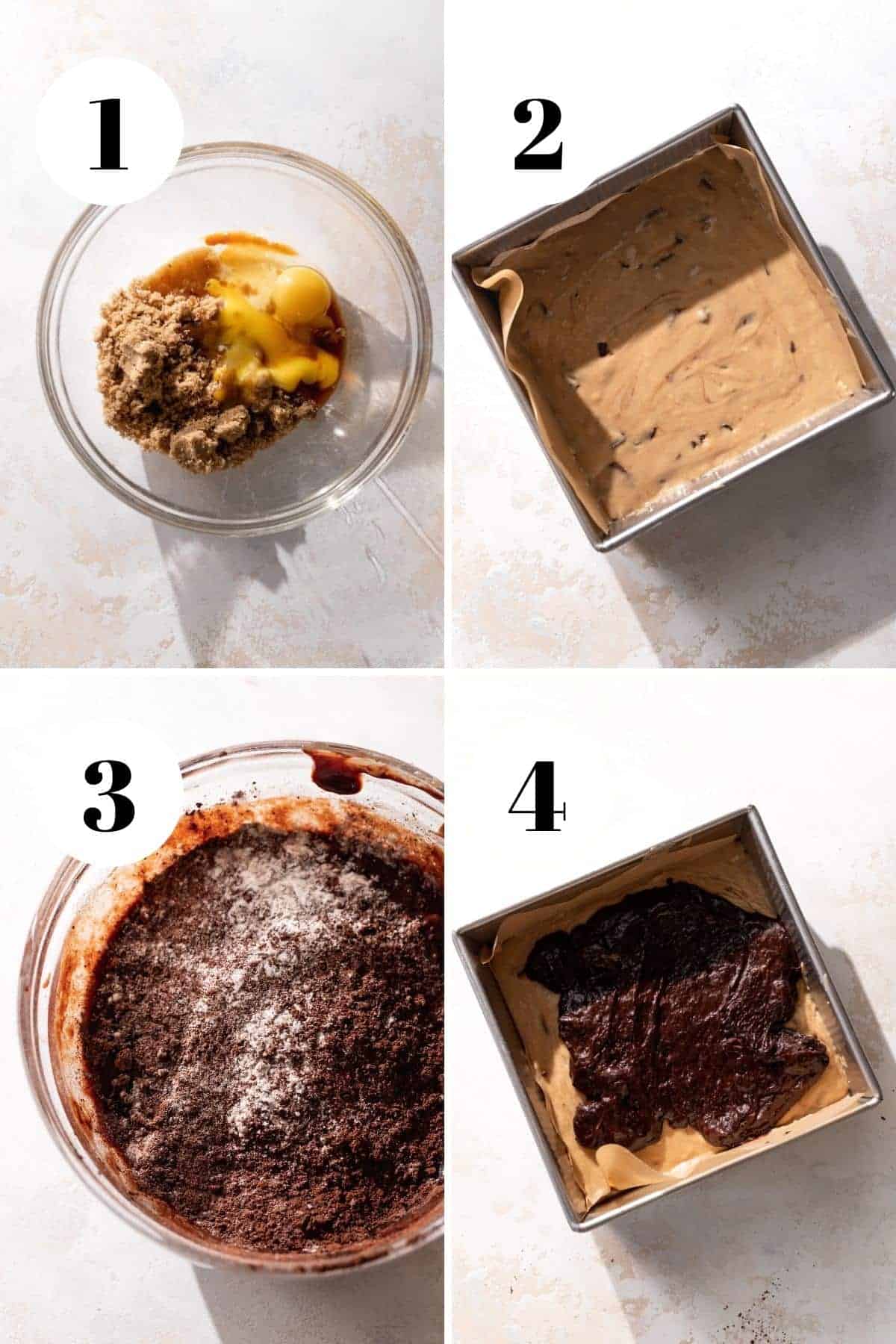 a process collage showing how to make brownie batter for the brownie blondies.