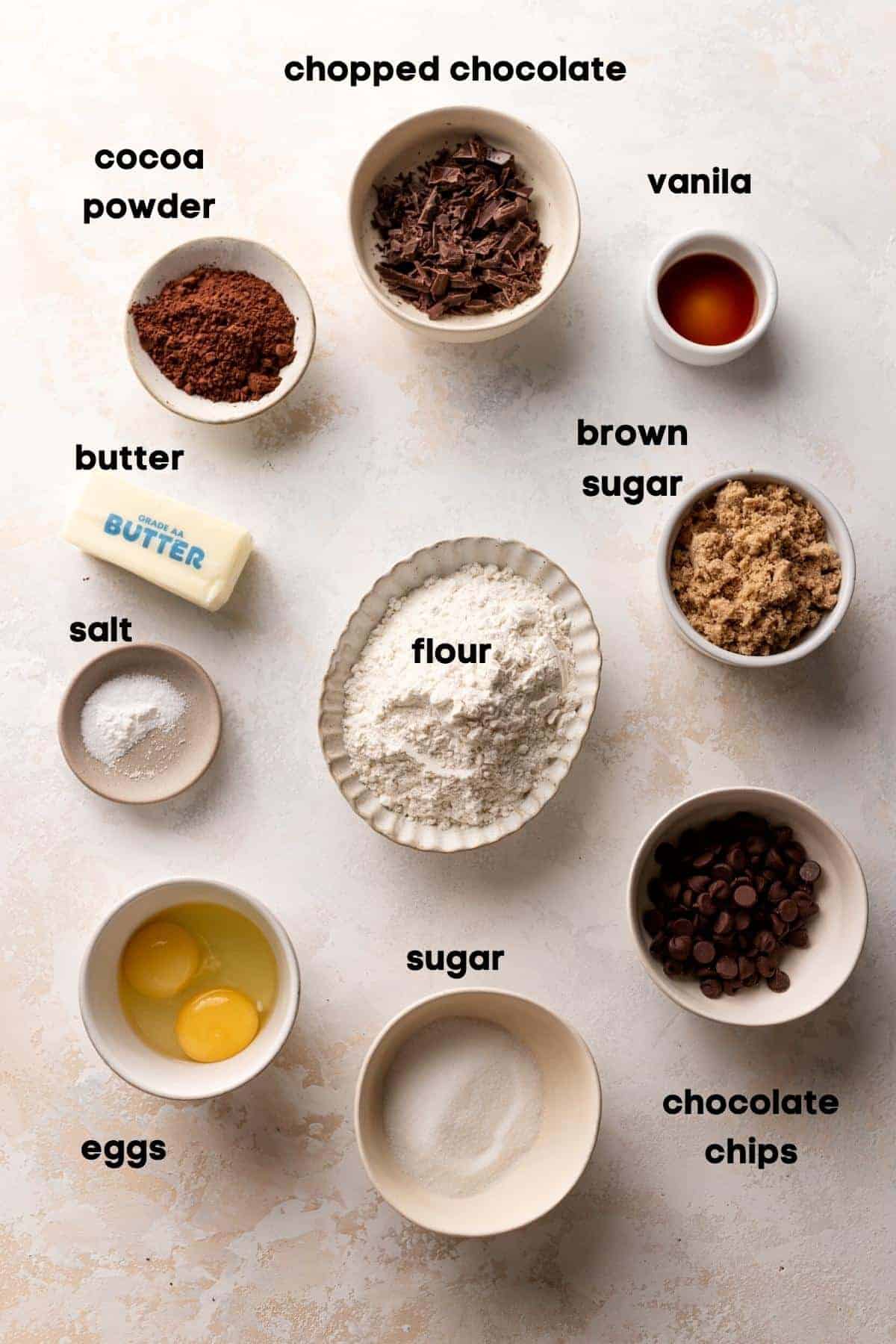 ingredients needed to make brownie blondies in bowls.