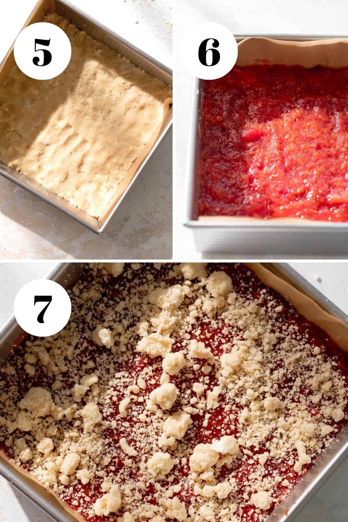 a process collage of the steps for making plum shortbread bars.