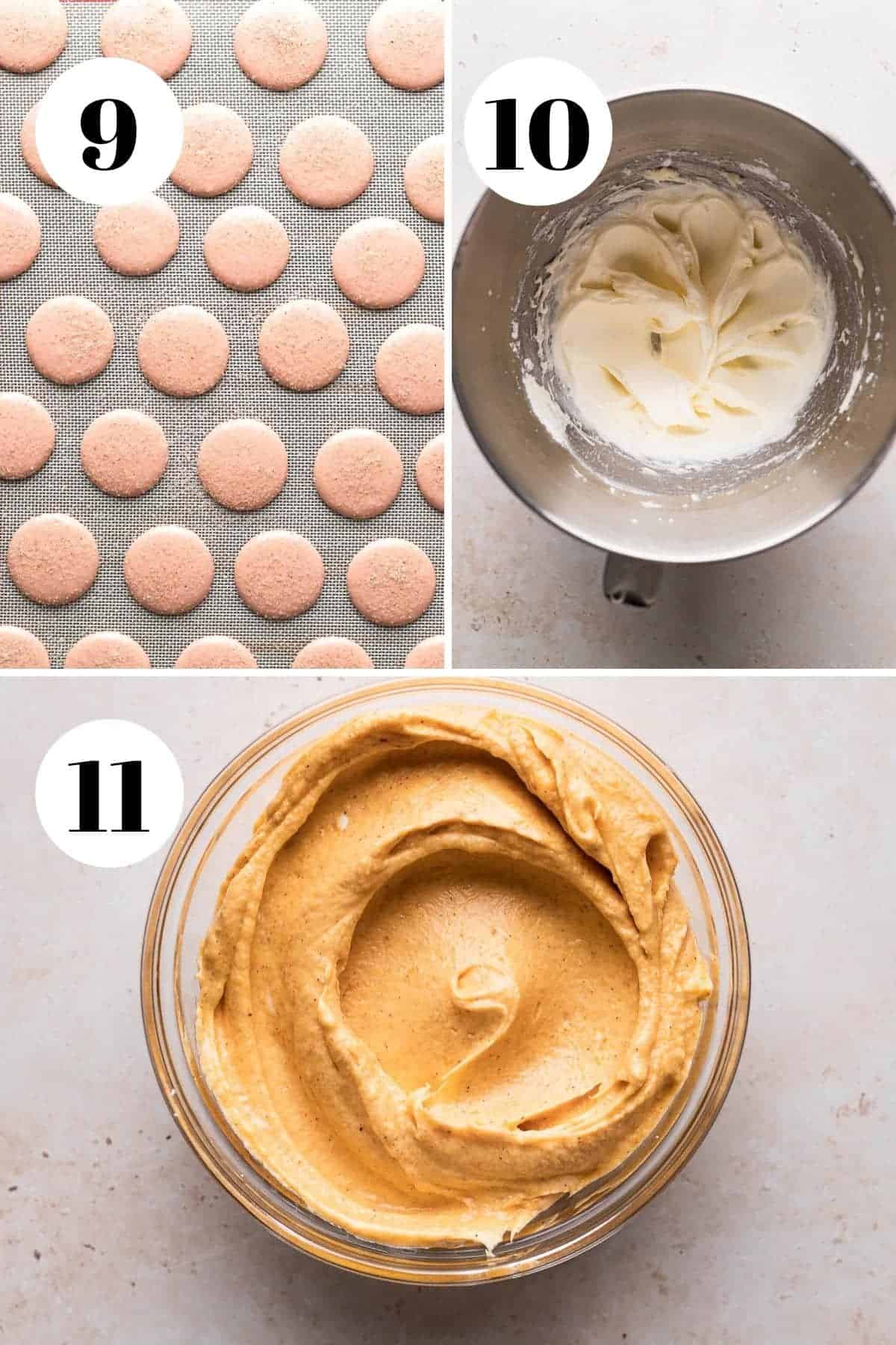 a process collage of the steps for making pumpkin spice macarons.