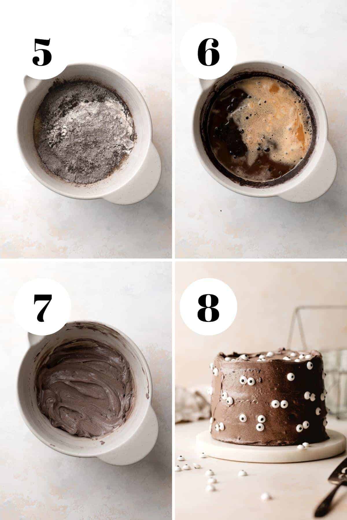 a process collage of the steps for making black velvet cake.