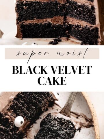 black velvet cake slice on a plate.