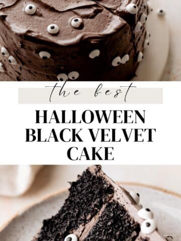 black velvet cake with black cocoa buttercream on a marble round.