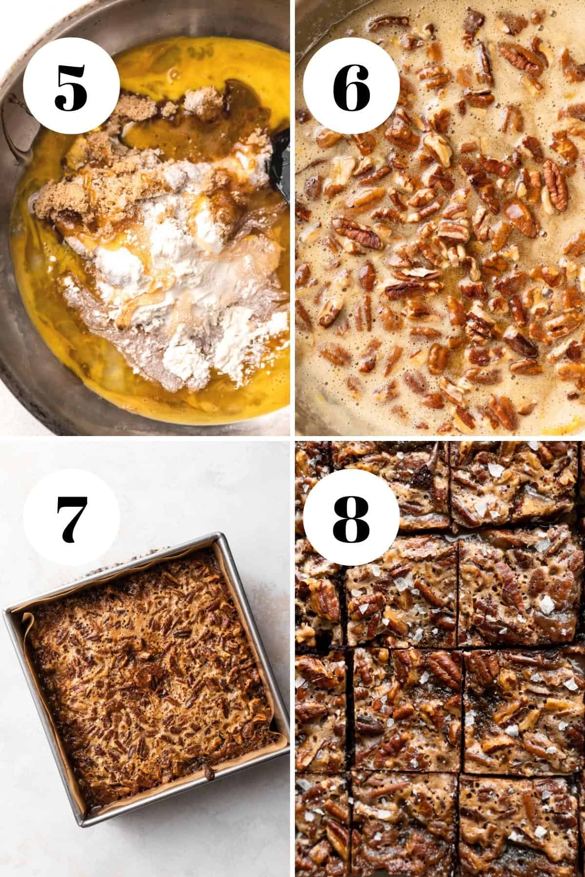 a process collage of the steps for making brownies with pecans.
