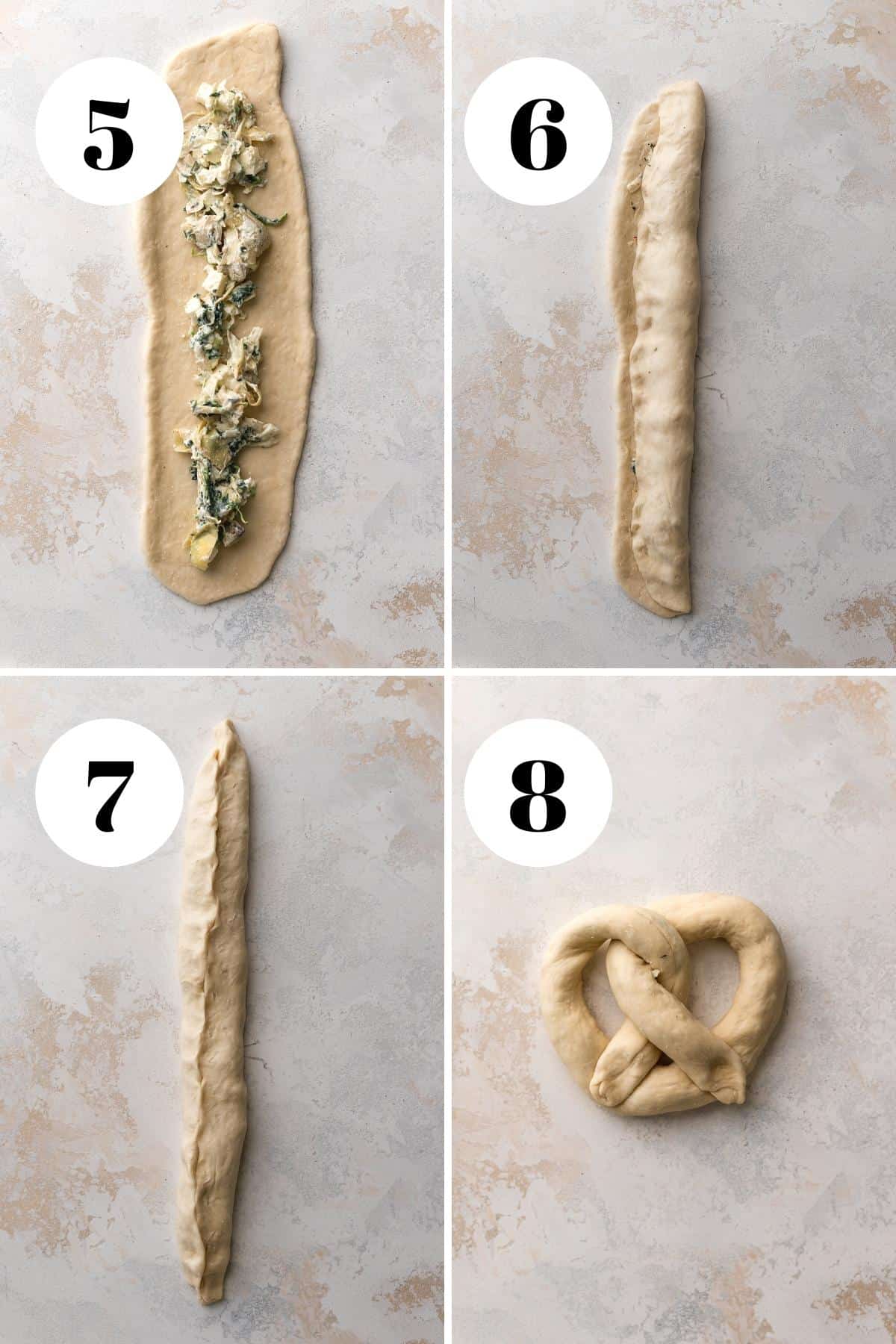 a process collage of the steps for stuffing the pretzel dough.