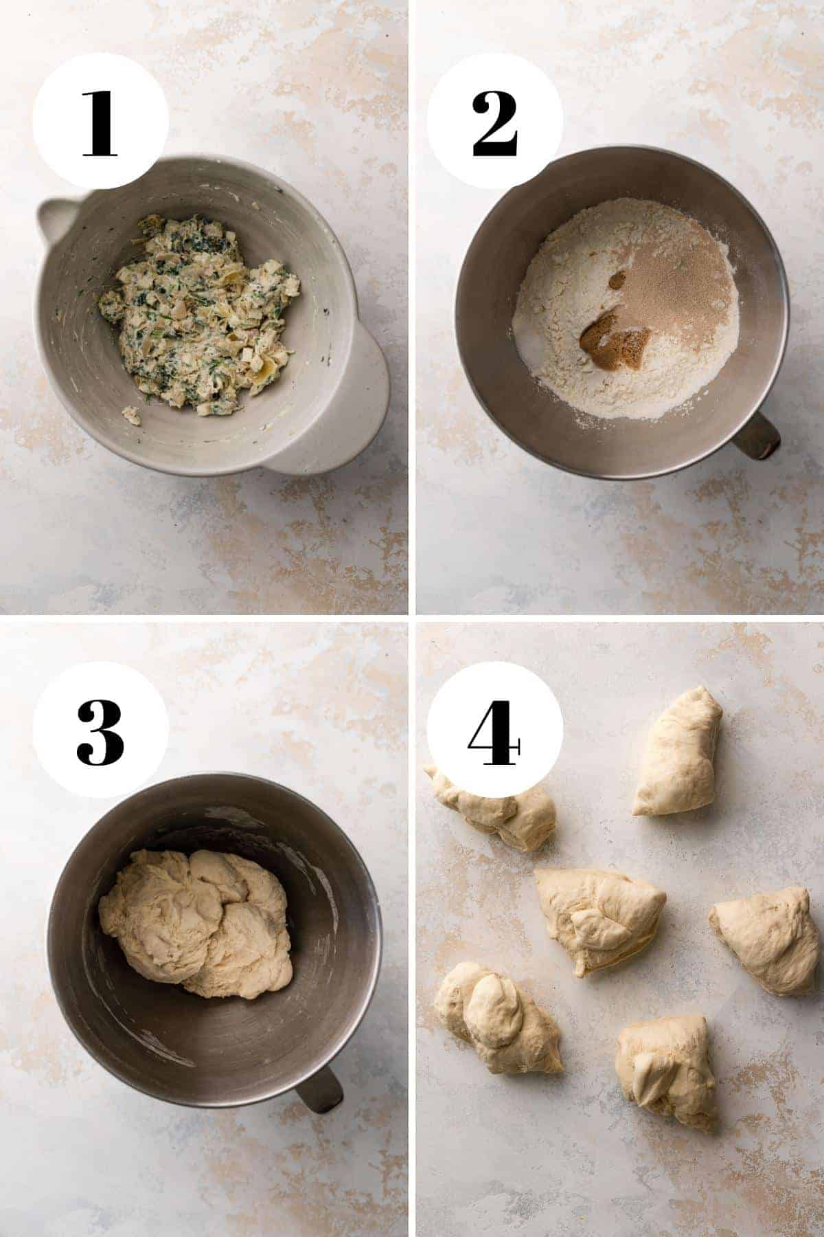 a process collage of the steps for making stuffed pretzels.