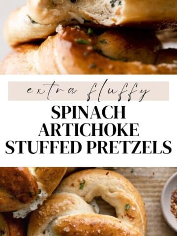 stuffed pretzels on a parchment lined baking tray.