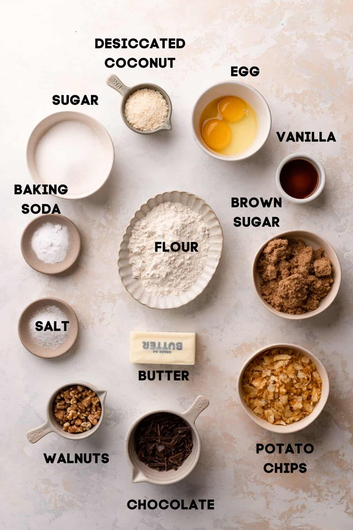 million dollar cookie ingredients in bowls with labels.
