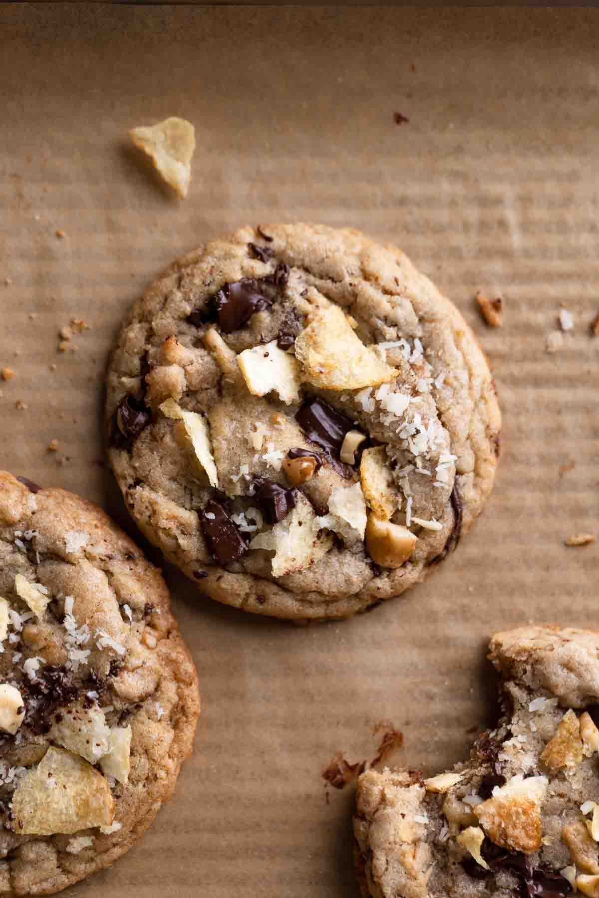 a million dollar cookie topped with extra chocolate, walnuts, and chips.