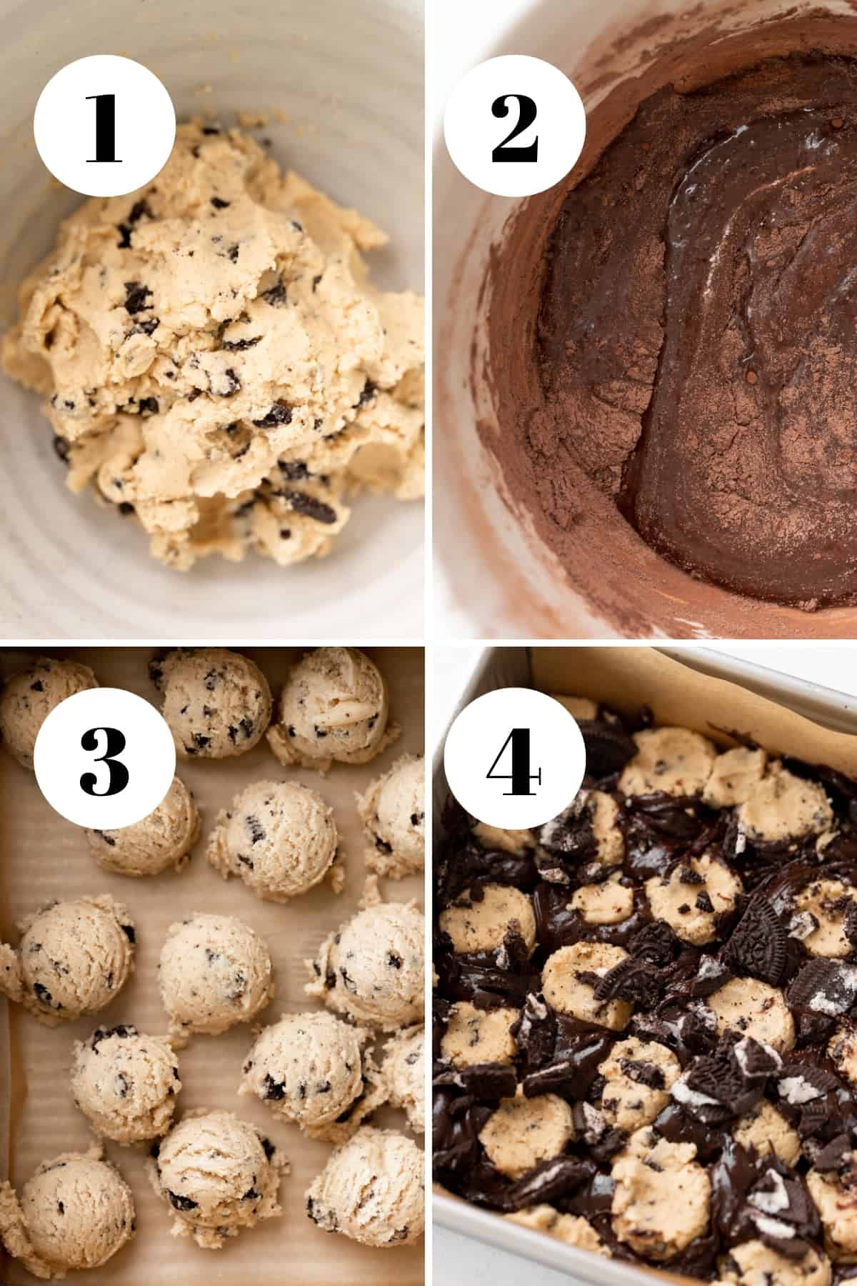 process collage of the steps for how to make the cookie dough and brownie batter.