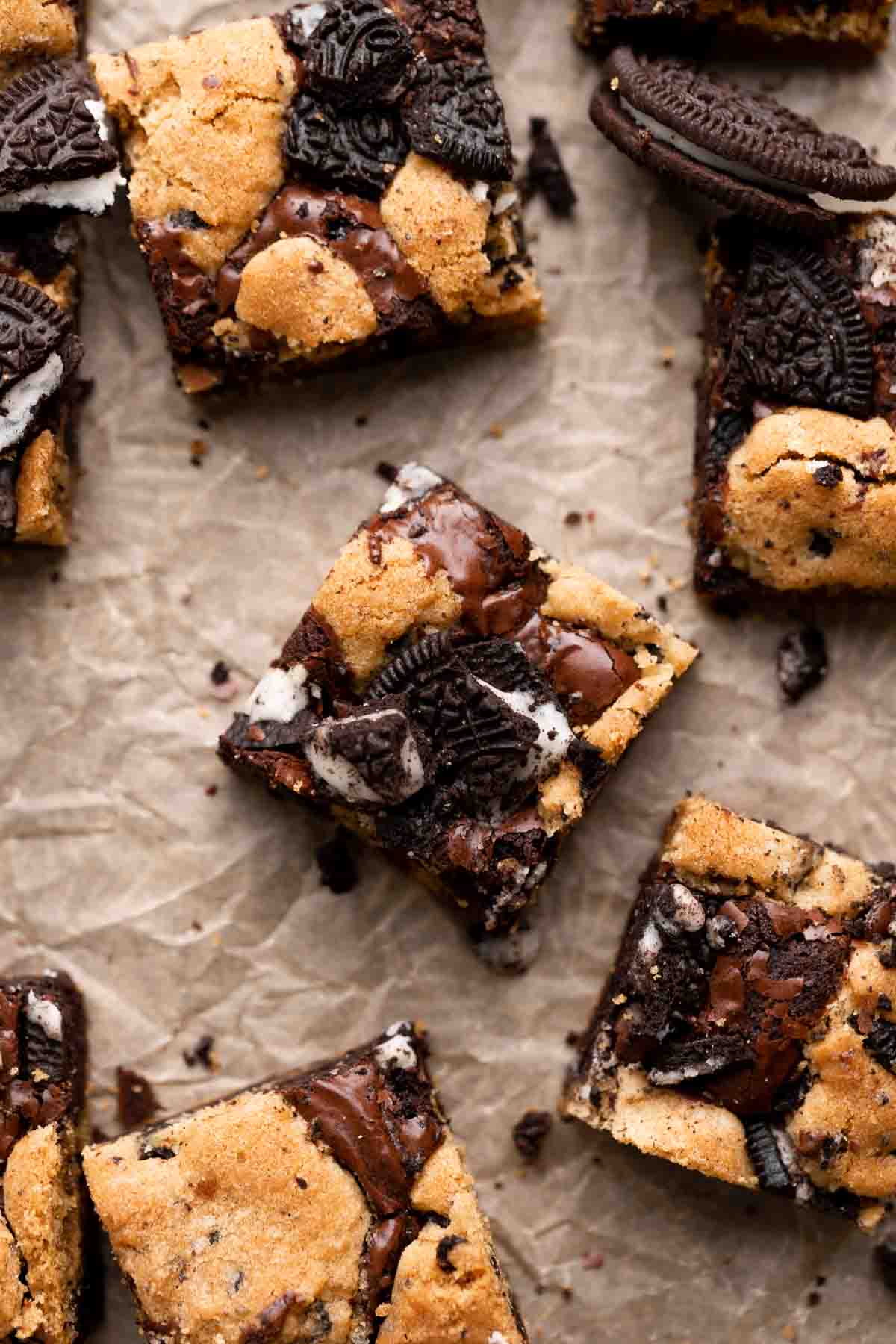 oreo brookies cut into squares and topped with oreo cookie pieces.