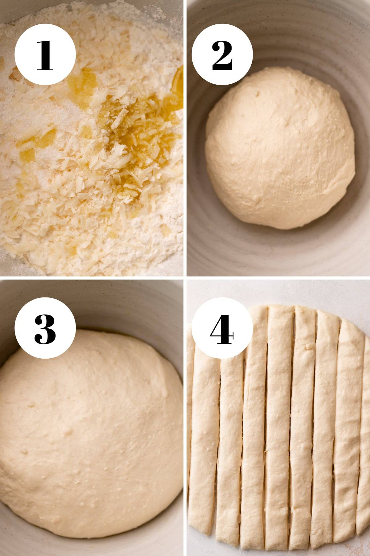 a process collage of the steps for making pizza dough bites.