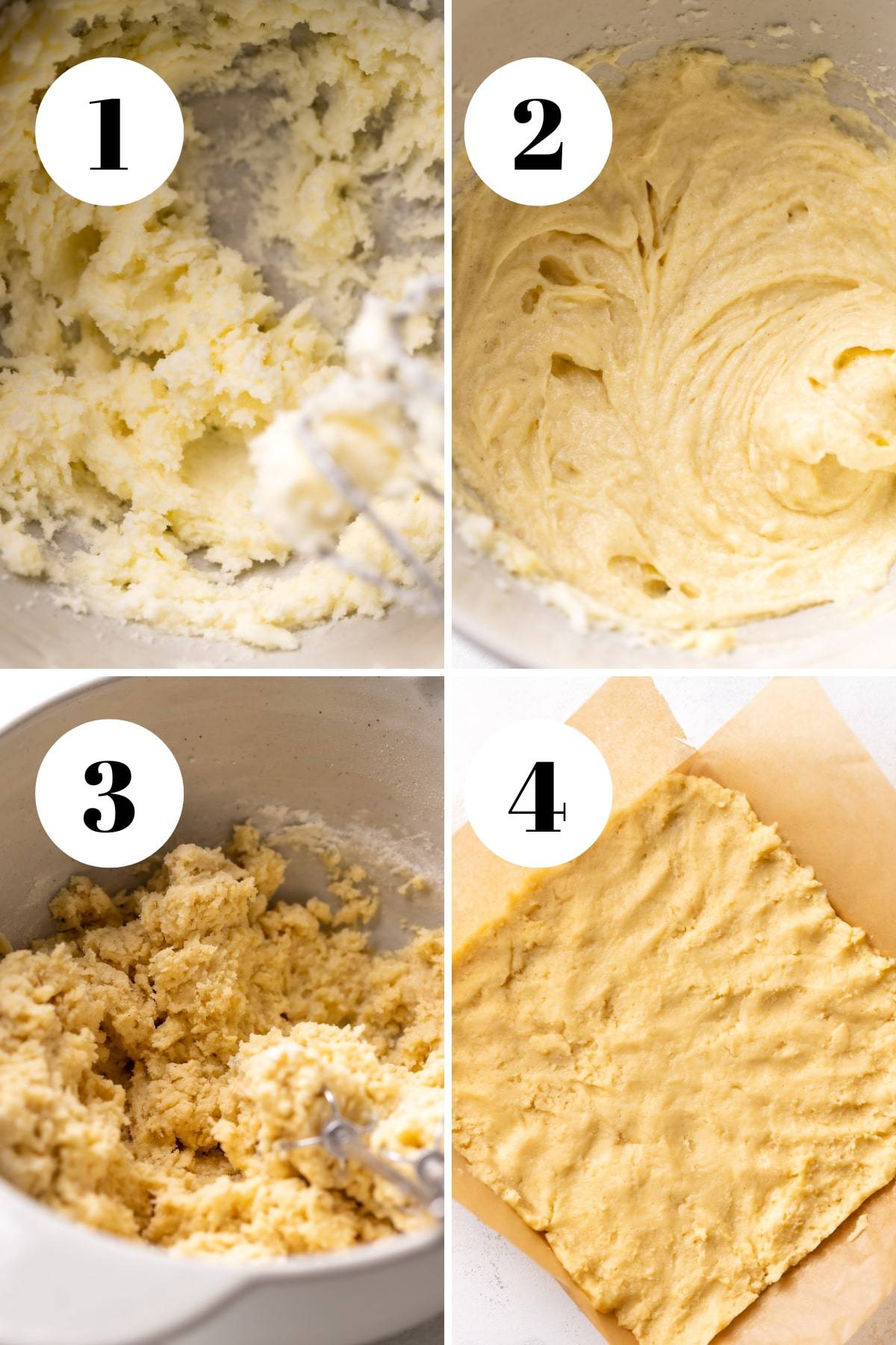 a process collage of the steps for making sugar cookie bars.