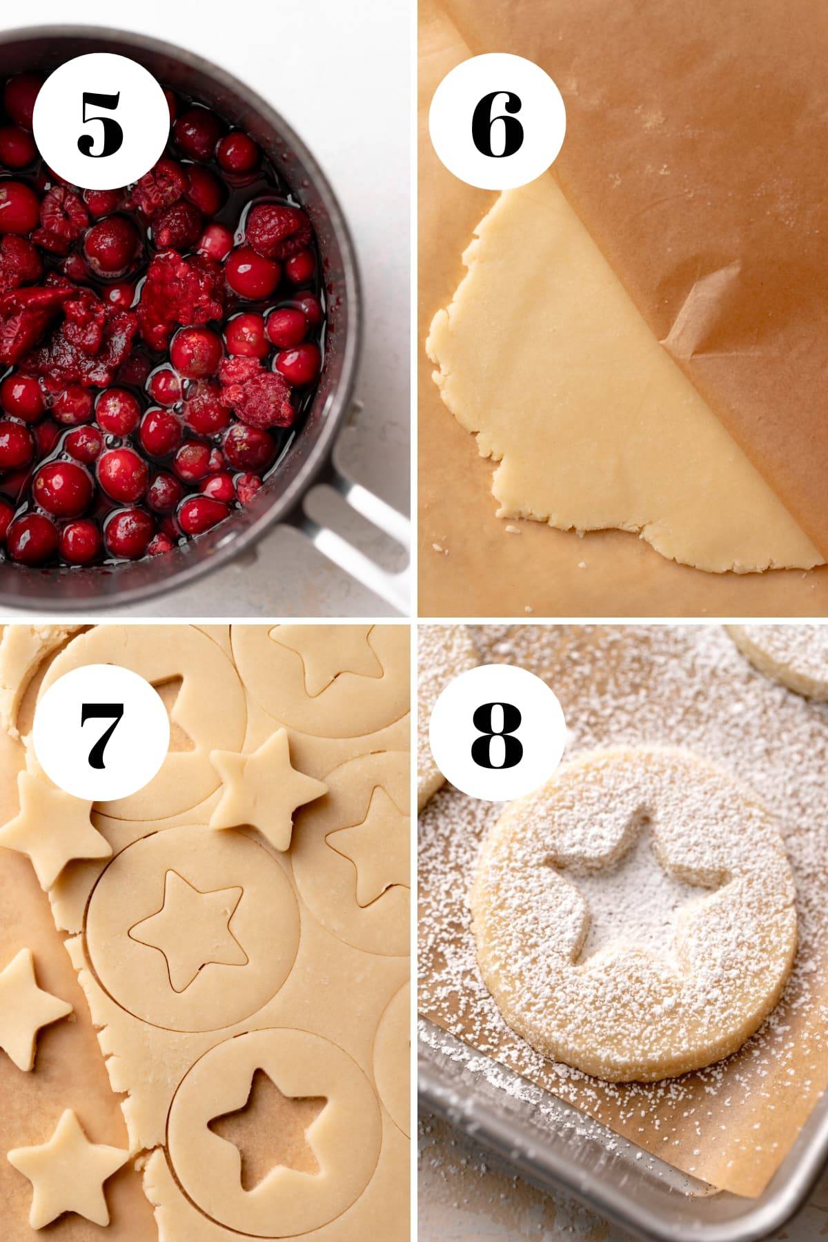 a process collage of the steps for making linzer tart cookies.